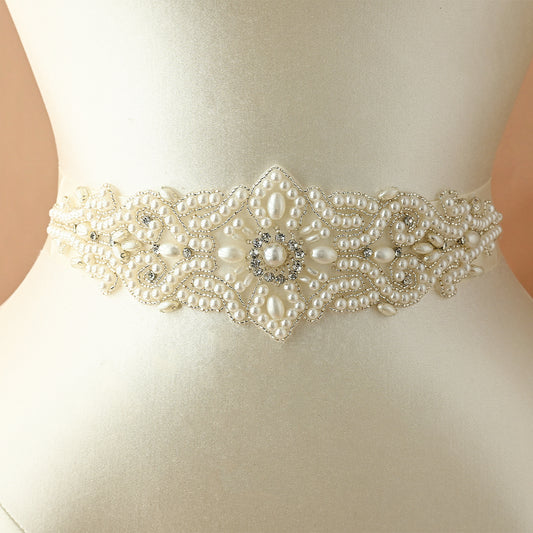 Ivory Rhinestone & Pearl Belt - Bridella BS26A