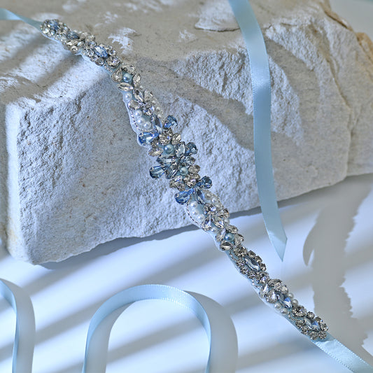 Bridella BS93QL Light Blue Rhinestone & Pearl Belt