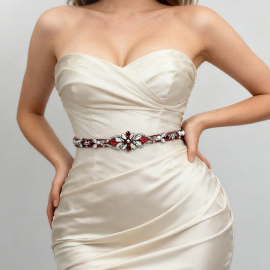 BS09R wine rhinestone pearl belt