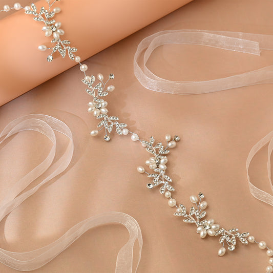 Bridella BHP152-S Silver Rhinestone & Pearl Headband