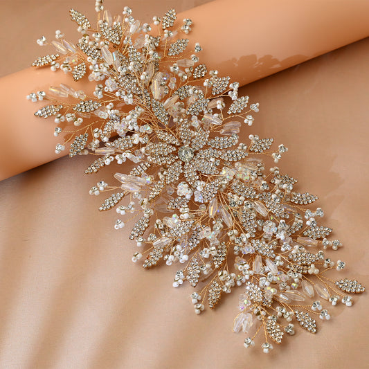 Gold Rhinestone Pearl Bridal Crown Wedding Headpiece - Bridella BHP377-G