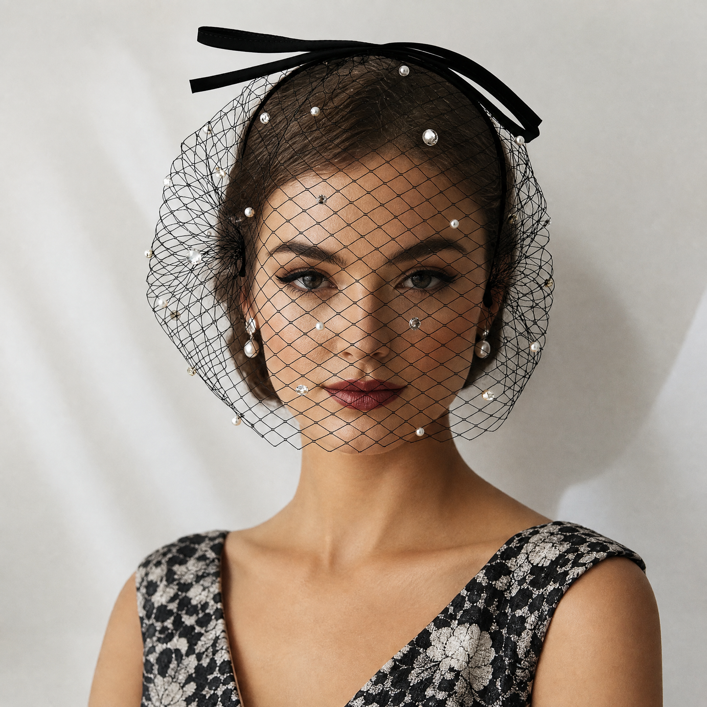 Black Pearl Bow Birdcage Bridal Blusher Veil Rhinestone Wedding Hair Veil - Bridella BMA12