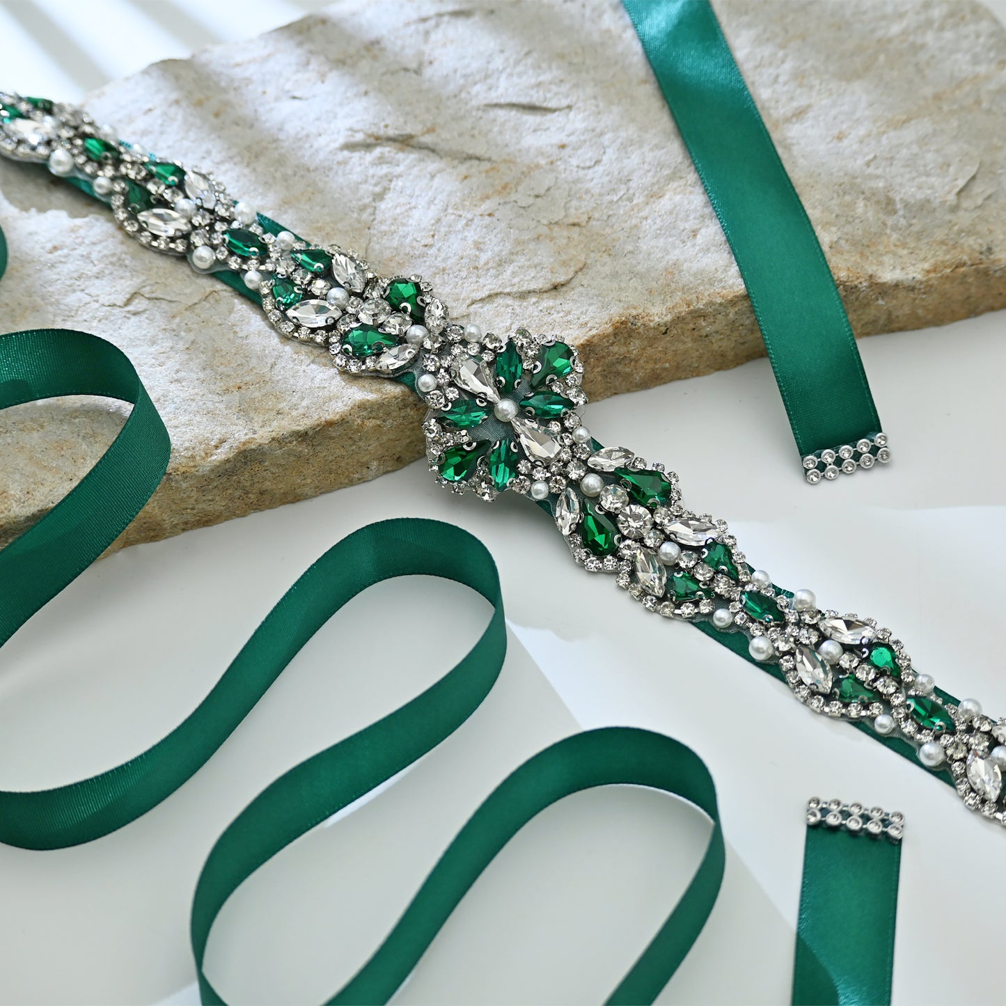 Bridella BS39KL Green Rhinestone & Pearl Belt