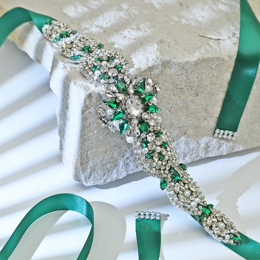Green Rhinestone & Pearl Bridal Belt Sash for Wedding - Bridella BS84KL