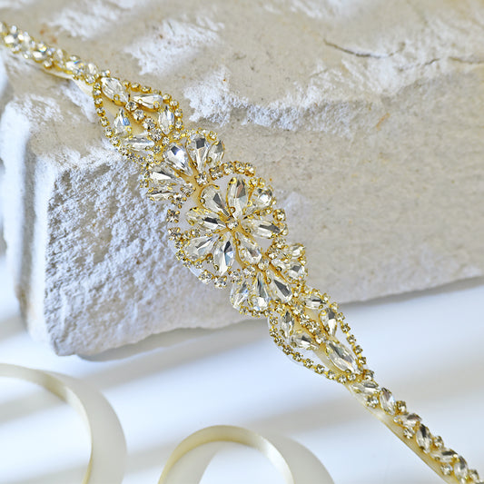 Champagne Rhinestone Bridal Dress Belt for Wedding - Bridella BS489G