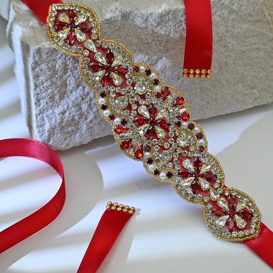 Bridella BS94R Red Rhinestone & Pearl Belt