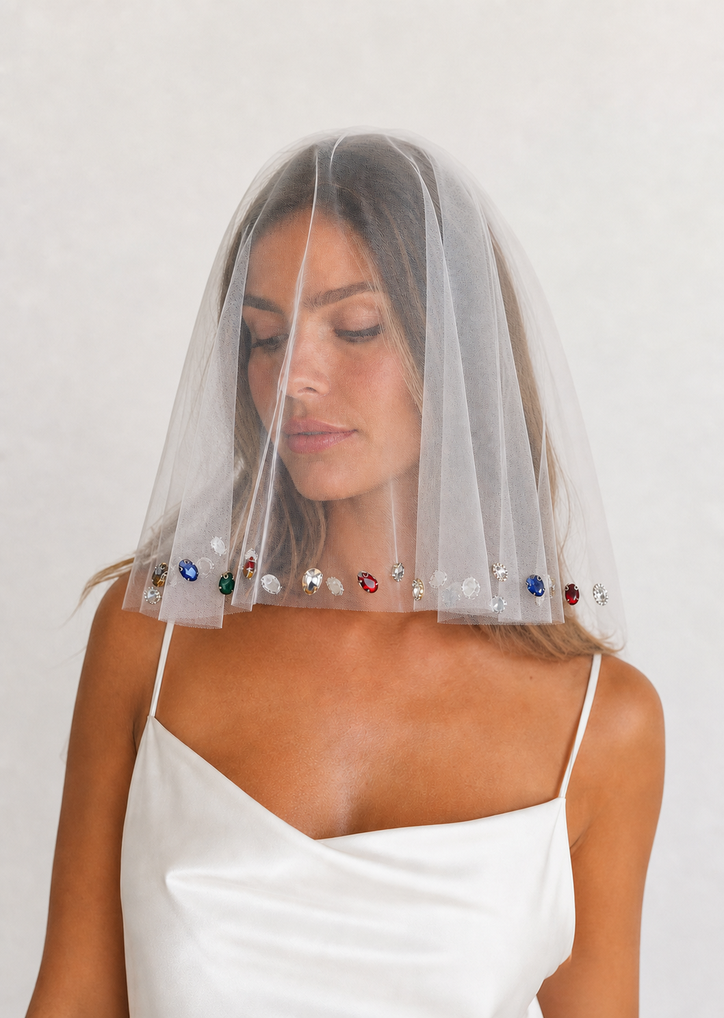 Colorful Rhinestone Bridal Veil Comb Short Blusher Wedding Hair Accessory - Bridella BVA19