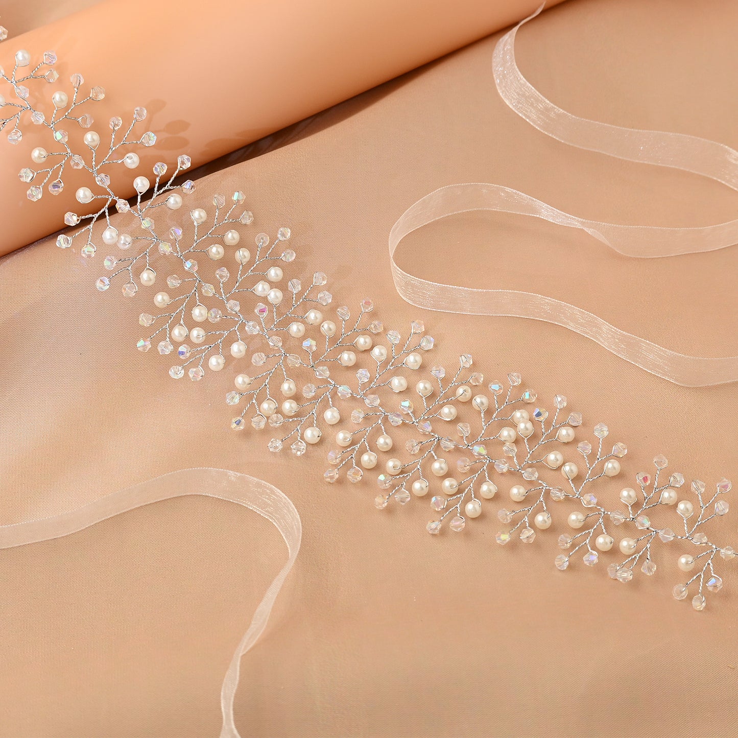 Bridella BHP55-S Silver Pearl & Crystal Tiara