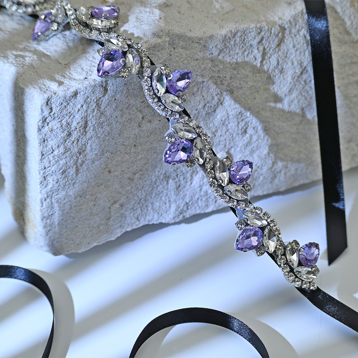 Bridella BS211LA- Black ribbon Lavender Rhinestone Belt