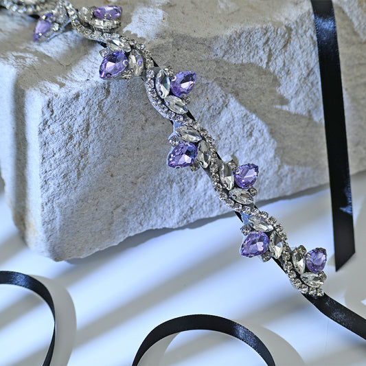 Bridella BS211LA- Black ribbon Lavender Rhinestone Belt