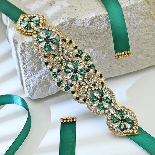 Green Rhinestone Pearl Bridal Belt Wedding Sash - Bridella BS94KL