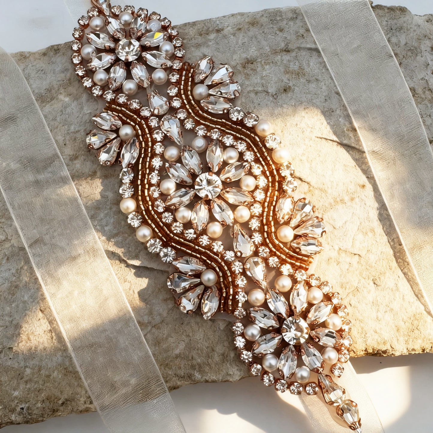 Rose Gold Rhinestone & Pearl Belt - Bridella BS05RG