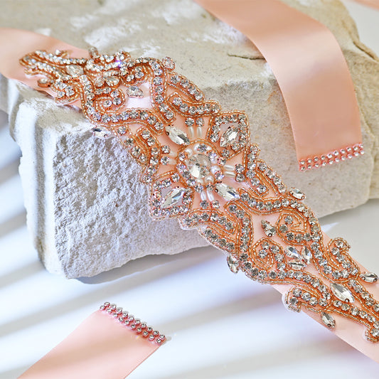 Bridella BS26RG Rose Gold Rhinestone & Pearl Belt