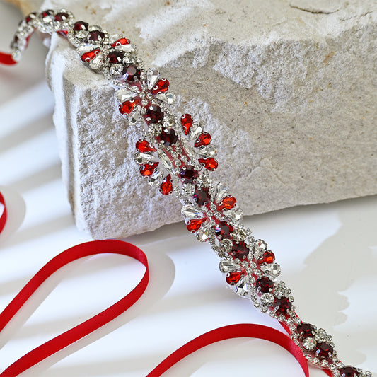 Red Rhinestone Bridal Dress Belt for Wedding - Bridella BS165R