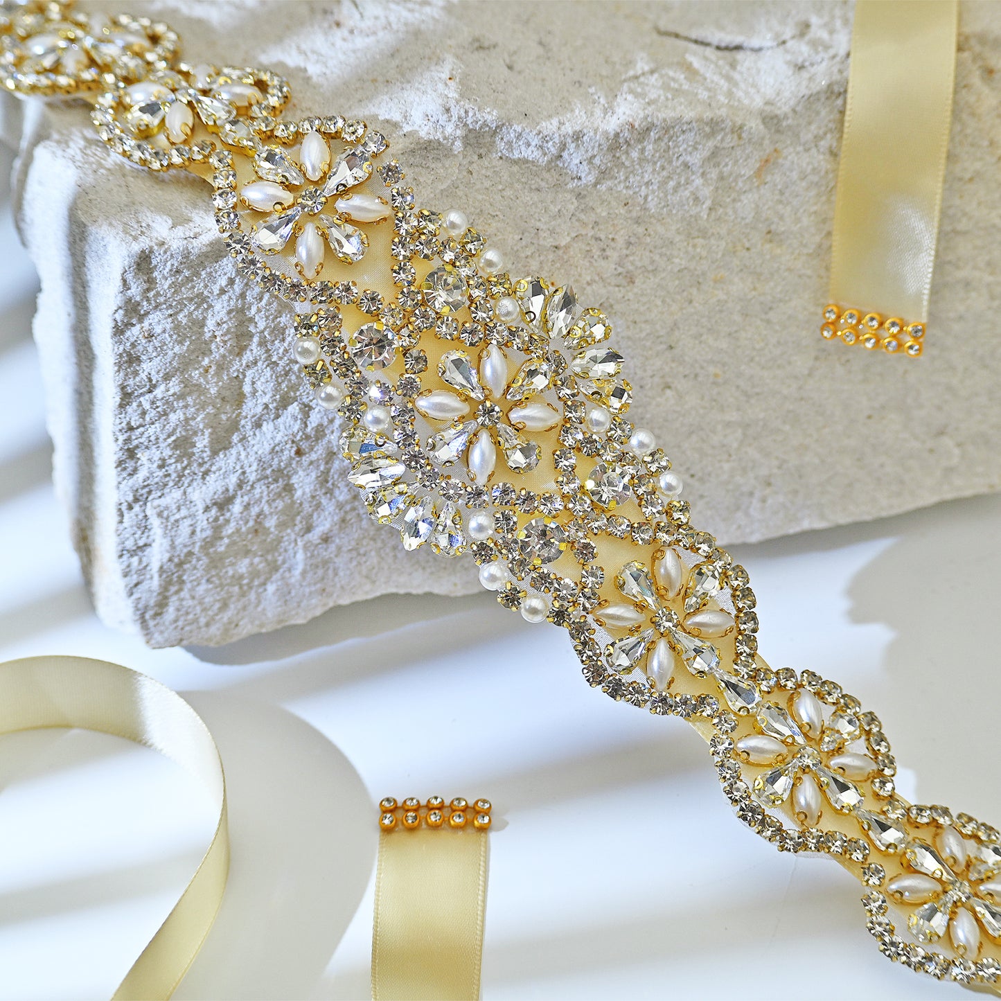 Champagne Rhinestone & Pearl Bridal Dress Belt for Wedding - Bridella BS161-G