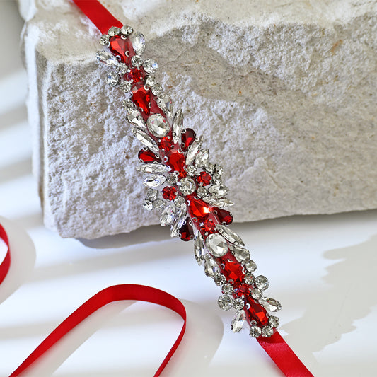 Red Rhinestone Bridal Dress Belt for Wedding - Bridella BS160R