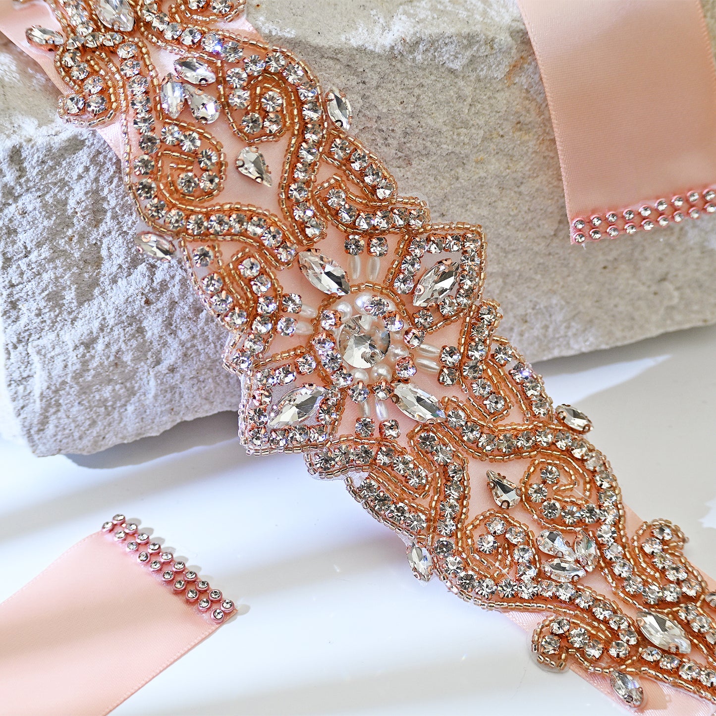 Bridella BS26RG Rose Gold Rhinestone & Pearl Belt