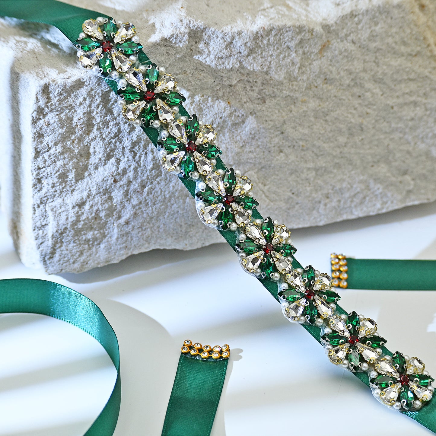 Rhinestone Pearl Ribbon Belt Wedding Prom Green Bridella BS205