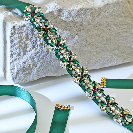 Rhinestone Pearl Ribbon Belt Wedding Prom Green Bridella BS205