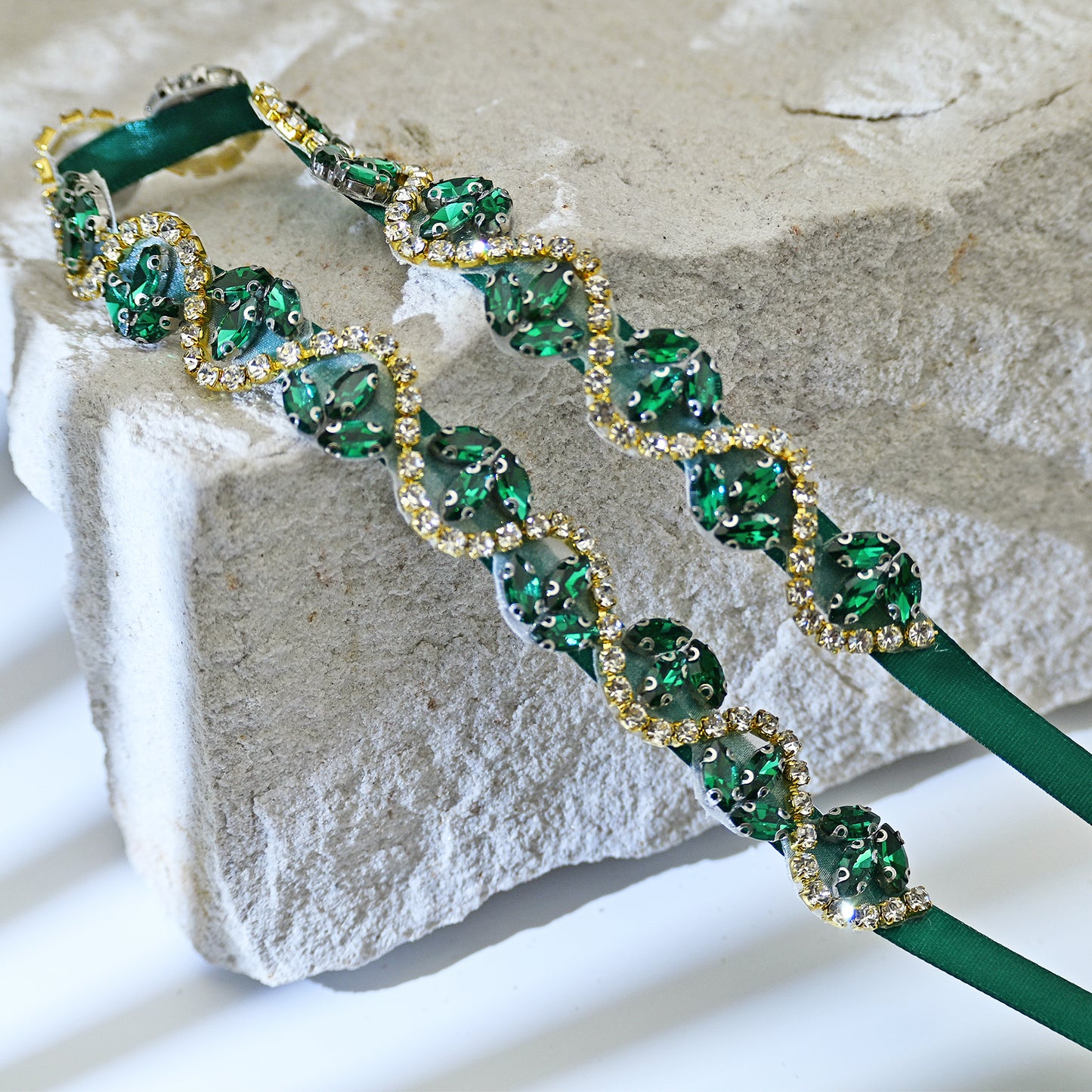 Rhinestone Ribbon Belt Wedding Prom Emerald Green Bridella BS203KL
