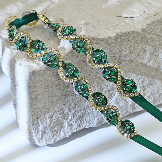 Rhinestone Ribbon Belt Wedding Prom Emerald Green Bridella BS203KL