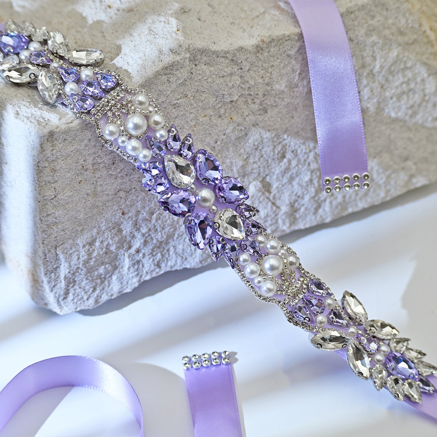 Lavender Rhinestone Pearl Bridal Sash Ribbon Wedding Dress Belt – Bridella BS258
