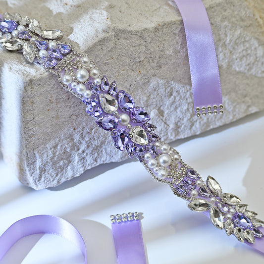 Lavender Rhinestone Pearl Bridal Sash Ribbon Wedding Dress Belt – Bridella BS258