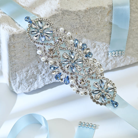 Baby Blue Rhinestone Bridal Belt Wedding Sash - Bridella BS76QL