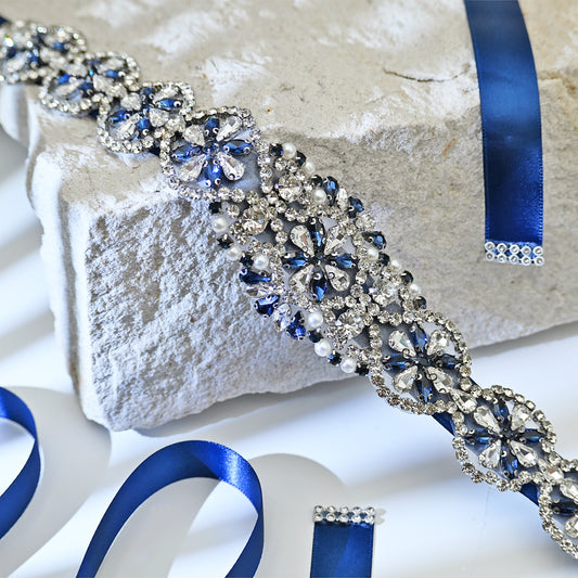 Navy Rhinestone Pearl Bridal Belt Wedding Sash – Bridella BS161ML