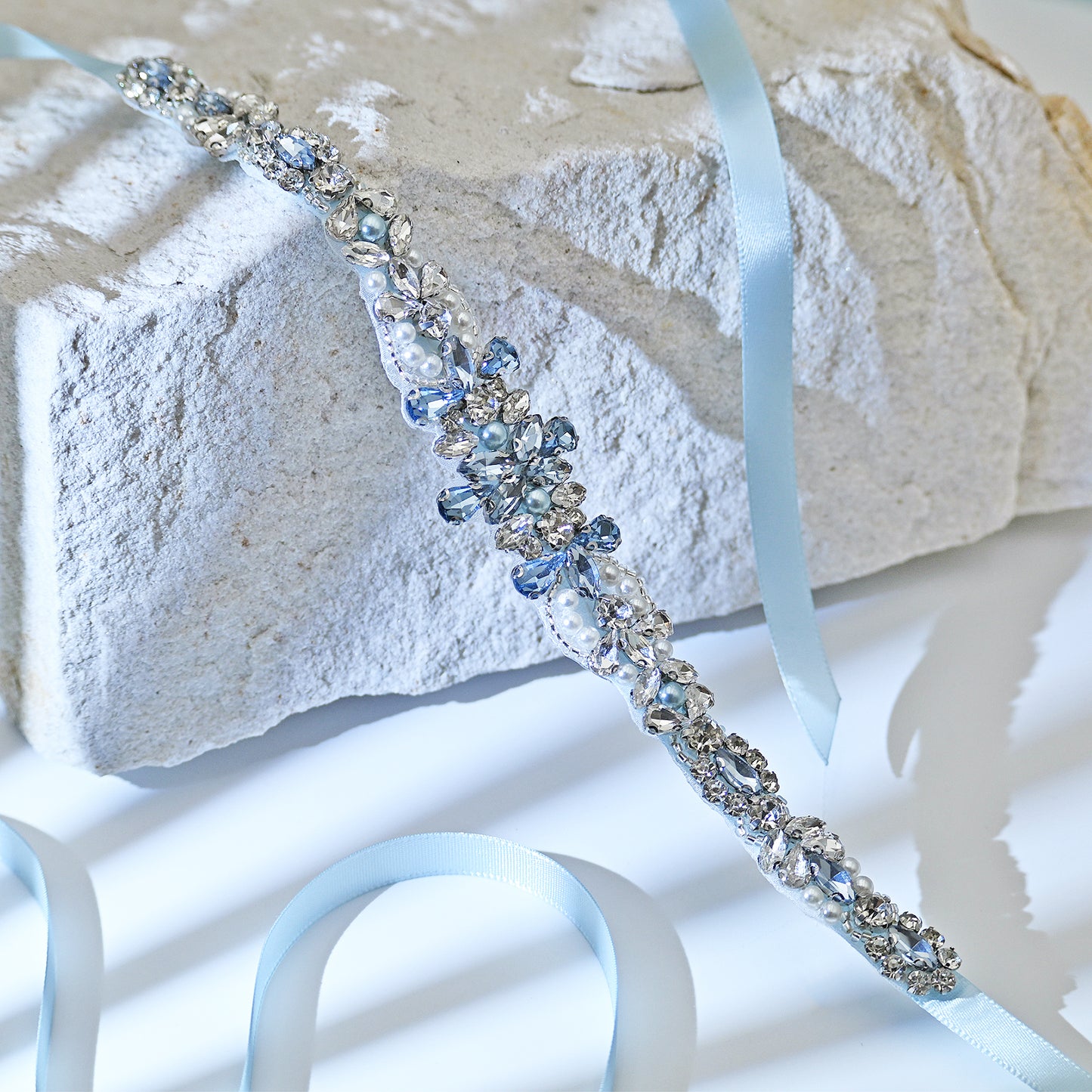 Light Blue Rhinestone & Pearl Bridal Dress Belt for Wedding - Bridella BS93QL