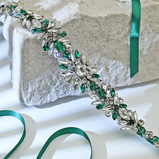 Green Rhinestone Bridal Belt Wedding Sash - Bridella BS122KL