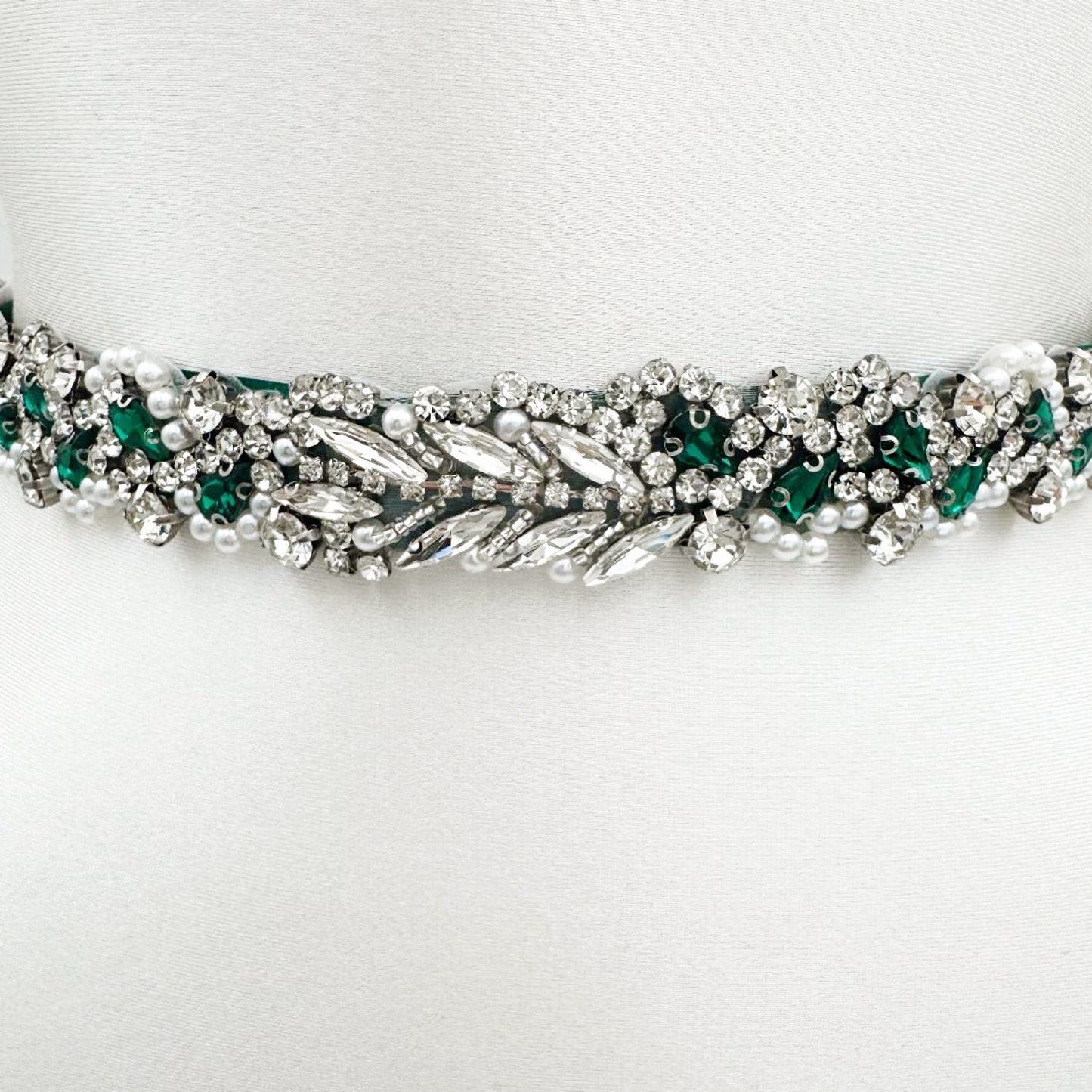 Green Ribbon Emerald Rhinestone & Pearl Belt - Bridella BS100KL