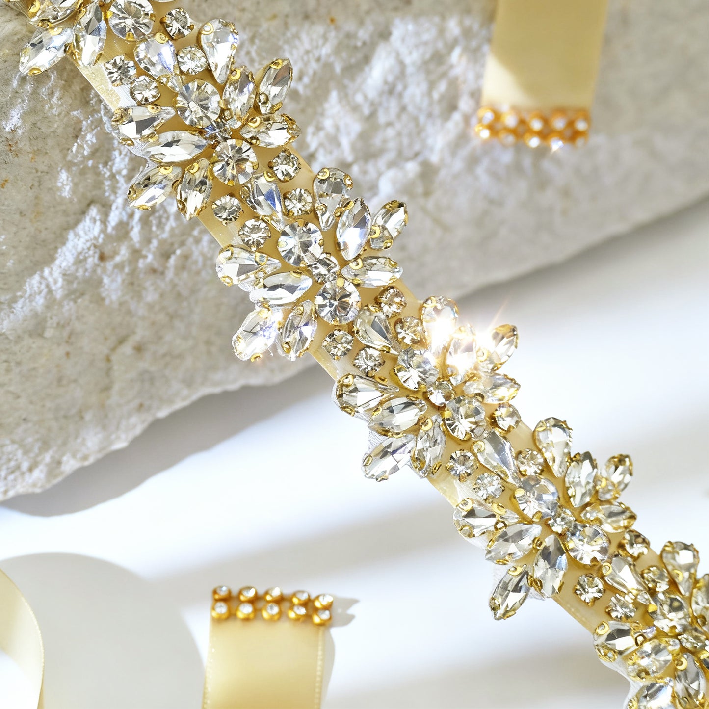 Champagne Gold Rhinestone Bridal Sash Ribbon Wedding Dress Belt – Bridella BS269G-D