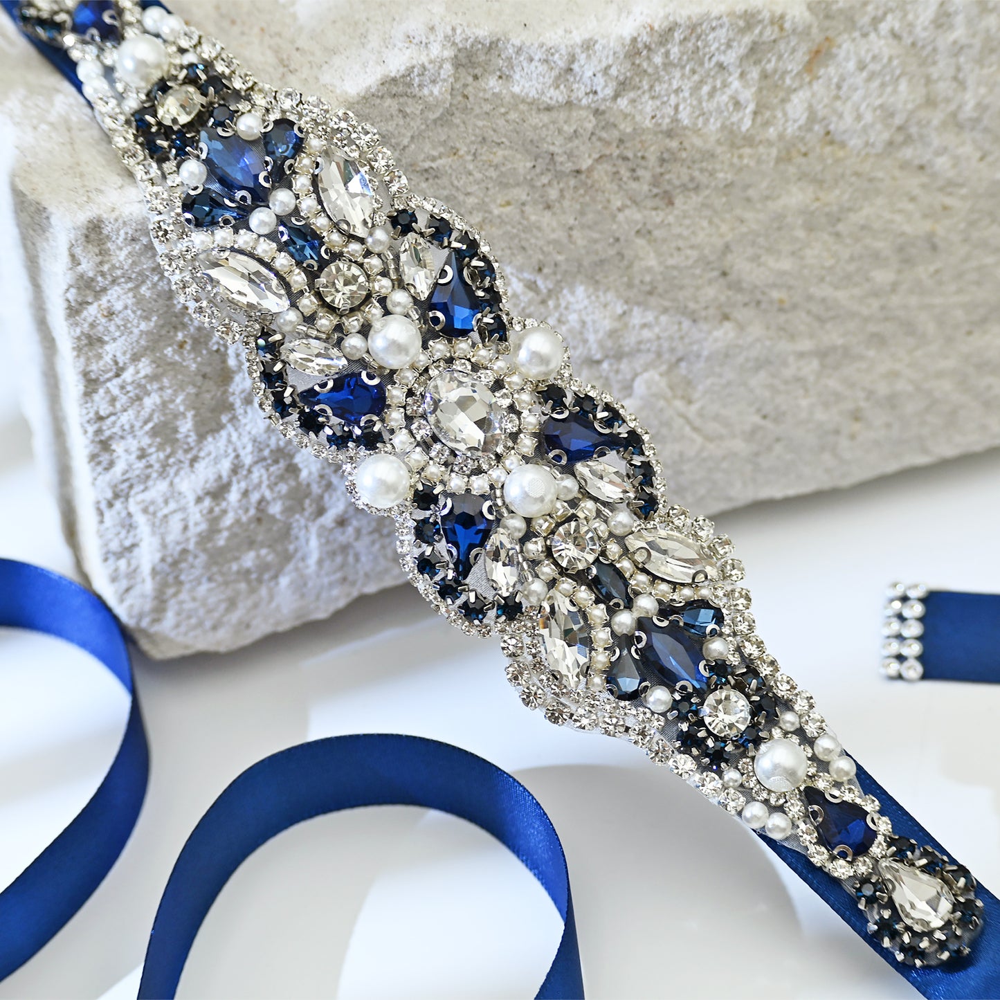 Navy Rhinestone Pearl Bridal Belt Wedding Sash - Bridella BS87ML