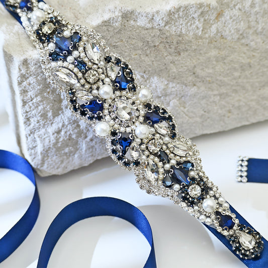 Navy Rhinestone Pearl Bridal Belt Wedding Sash - Bridella BS87ML