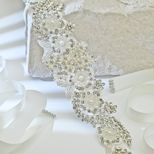 Off White Rhinestone Pearl Bridal Belt Wedding Sash - Bridella BS83