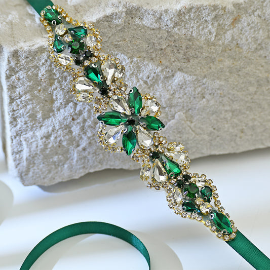 Green Rhinestone Bridal Belt Wedding Sash - Bridella BS137GKL