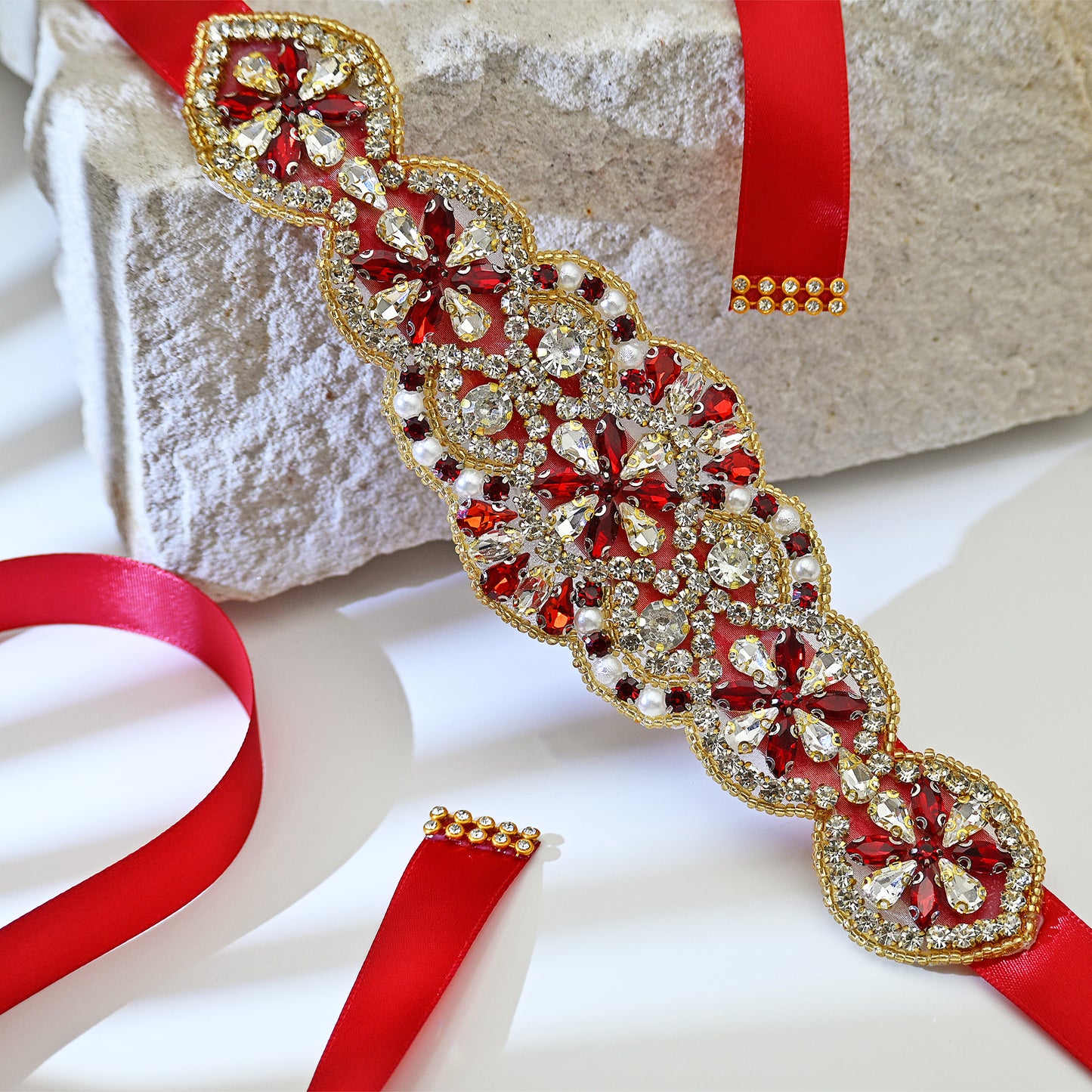Red Rhinestone Pearl Bridal Belt Wedding Sash - Bridella BS94R