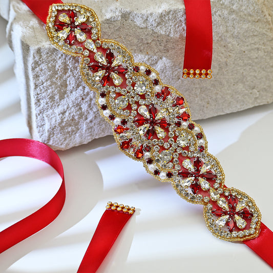 Red Rhinestone Pearl Bridal Belt Wedding Sash - Bridella BS94R