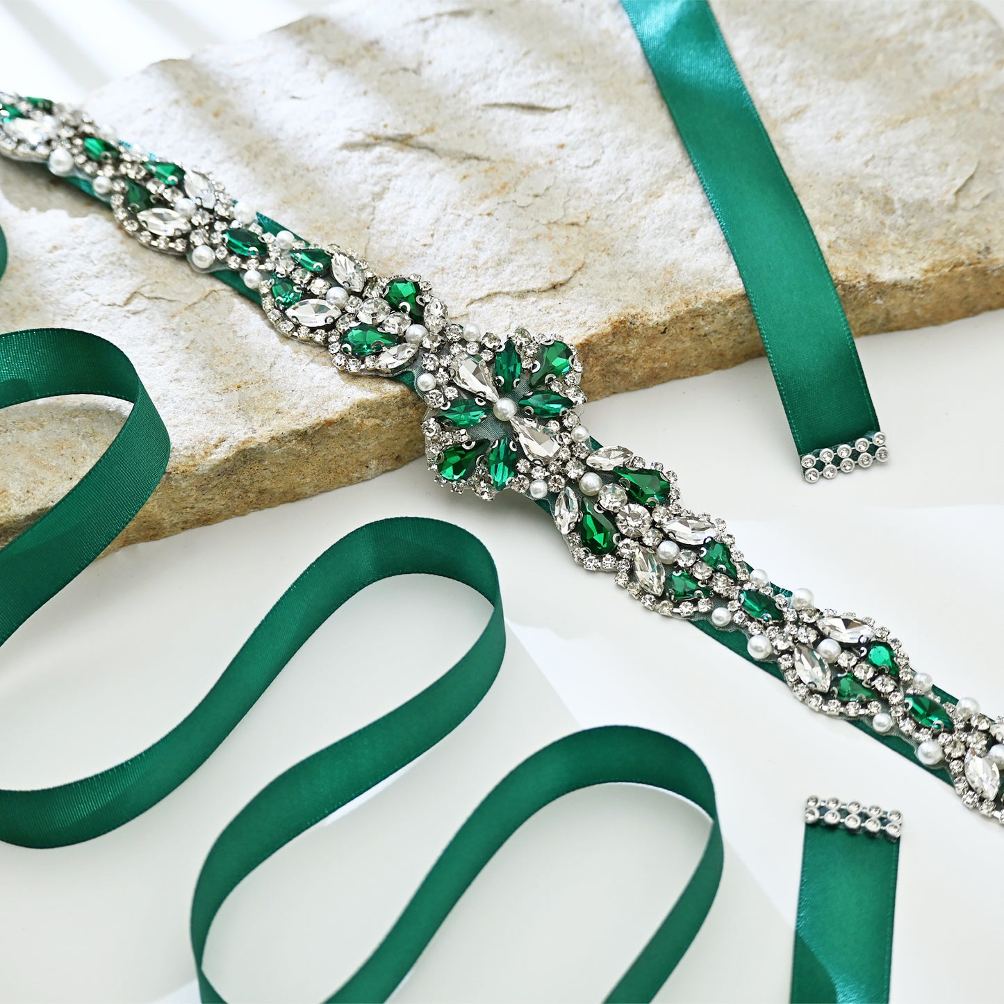 Green Rhinestone Pearl Bridal Belt Wedding Sash - Bridella BS39KL