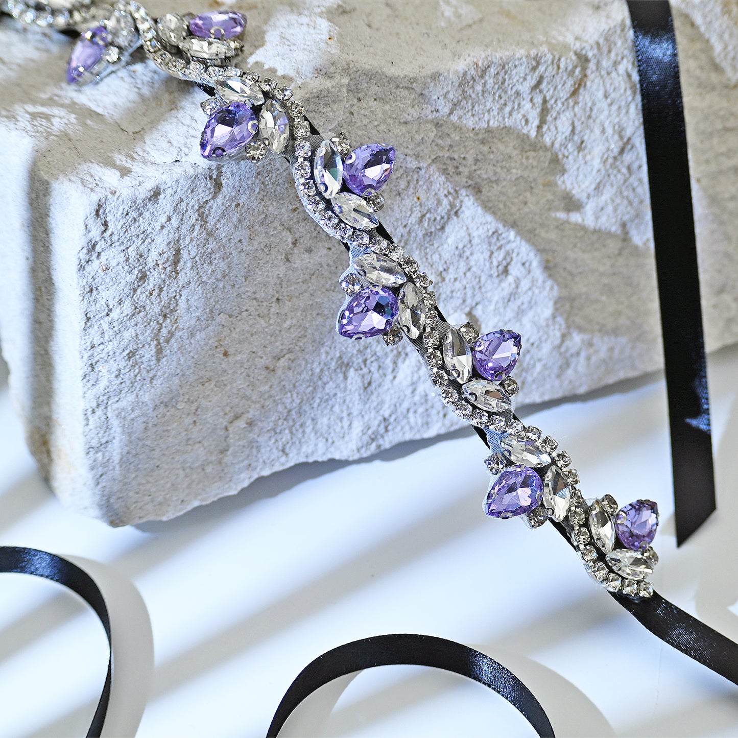Lavender Rhinestone Bridal Belt with Black Ribbon Waist Sash Bridella BS211-LA