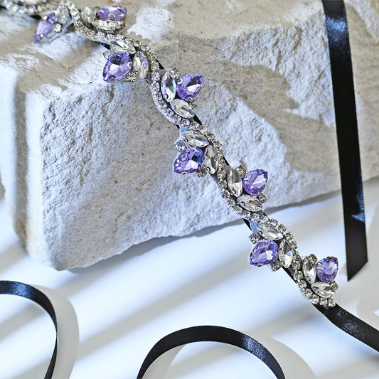 Lavender Rhinestone Bridal Belt with Black Ribbon Waist Sash Bridella BS211-LA