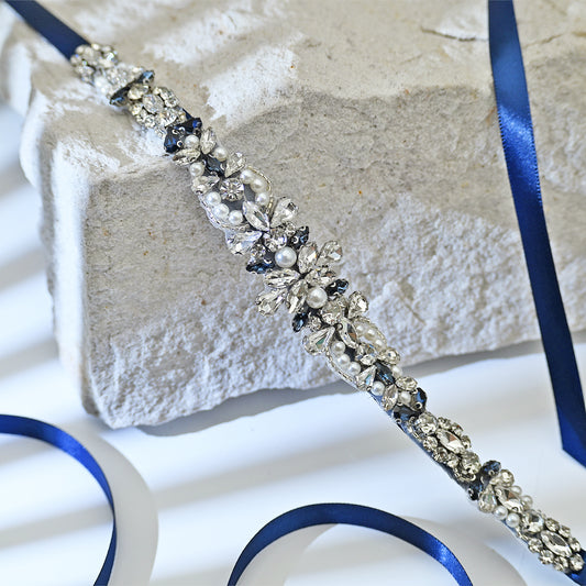 Navy Rhinestone Pearl Bridal Belt Wedding - Bridella BS93ML