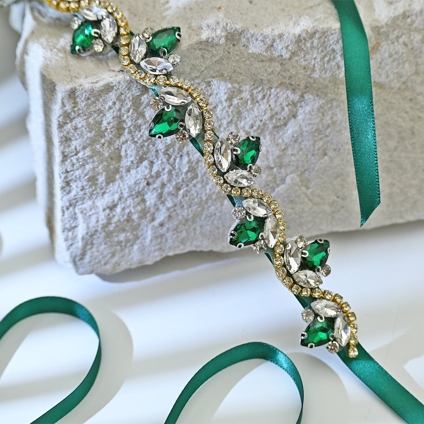 Emerald Green Rhinestone Bridal Belt with Ribbon Waist Sash Bridella BS211KL