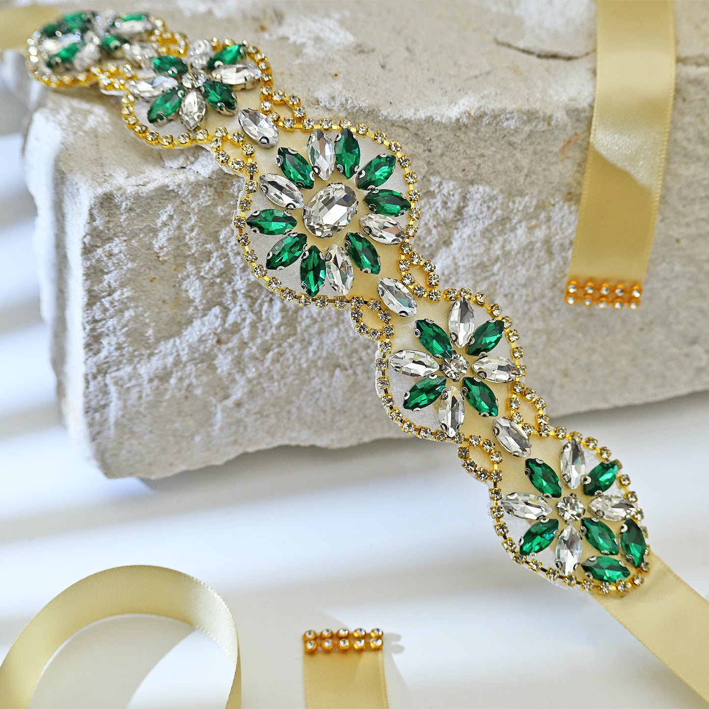 Champagne Ribbon Emerald Green Rhinestone Bridal Sash Wedding Dress Belt – Bridella BS257