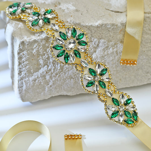 Champagne Ribbon Emerald Green Rhinestone Bridal Sash Wedding Dress Belt – Bridella BS257