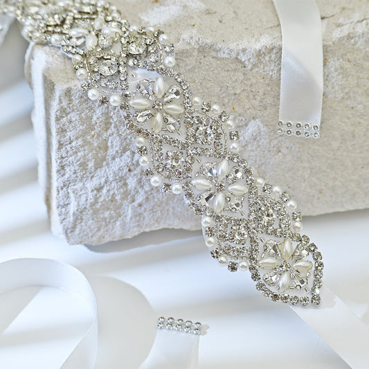 White Rhinestone & Pearl Bridal Belt Sash for Wedding - Bridella BS153