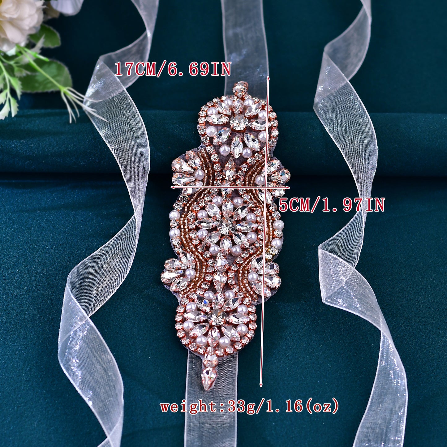 BRIDELLA BS05 Wedding Dress Belt Ivory Organza Adjustable Tie-Strap Rose Gold Diamond Accent