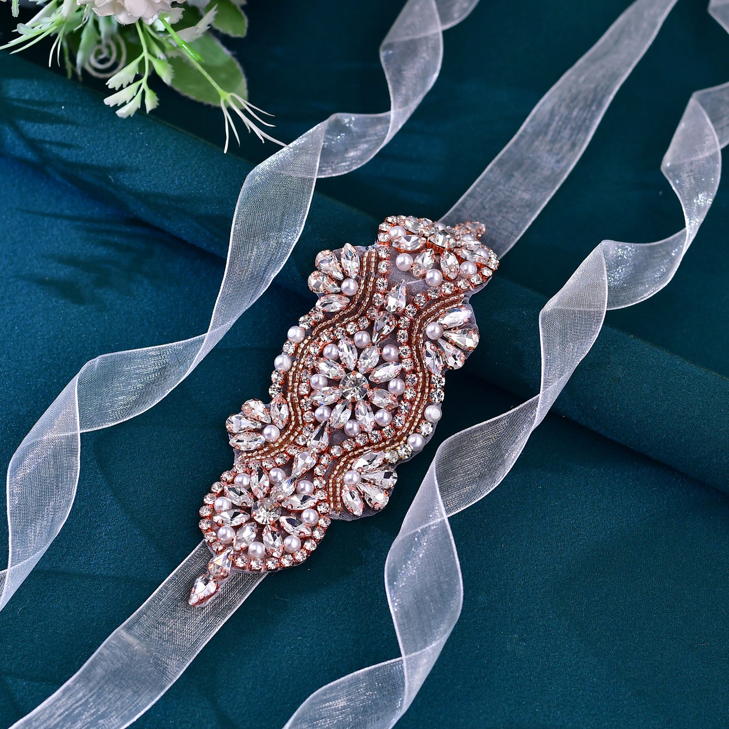 BRIDELLA BS05 Wedding Dress Belt Ivory Organza Adjustable Tie-Strap Rose Gold Diamond Accent