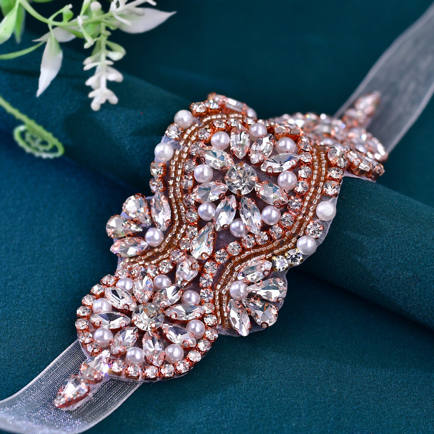 BRIDELLA BS05 Wedding Dress Belt Ivory Organza Adjustable Tie-Strap Rose Gold Diamond Accent
